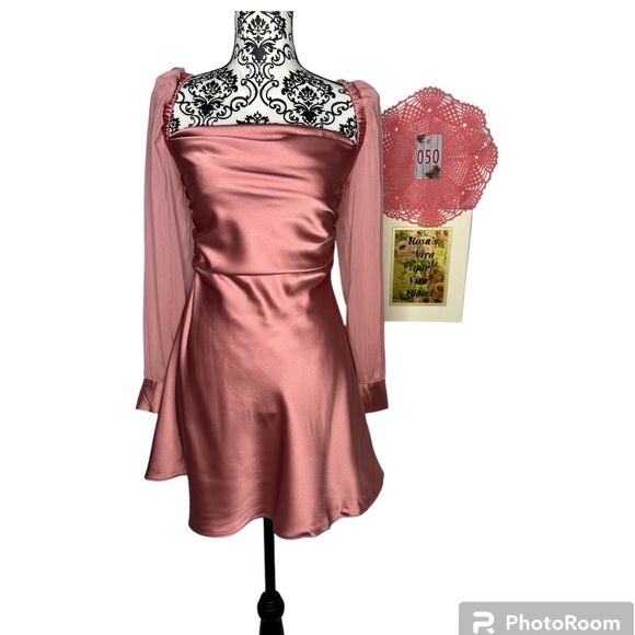 NWT WeWoreWhat Puff Sleeve Crinkle Chiffon Cowl Dress Rosewood Size 2 - Picture 4 of 16